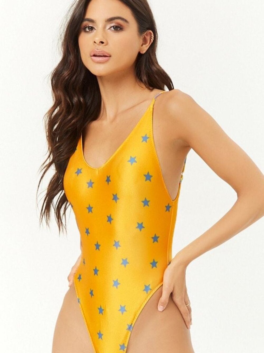 Forever 21 Yellow Blue Star Print One-Piece Swimsuit S/M
